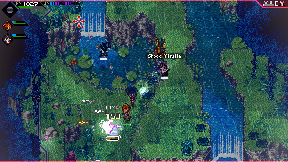 Lea fighting some enemies in Gaia's Garden, Crosscode